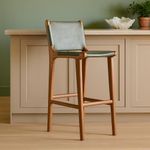 London Sling Counter Stool Green Leather Teak Frame 64cm