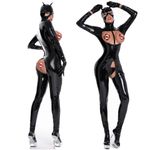 Women Lingerie Wet Look Bodysuit PVC Leather Catsuit Open Cups Jumpsuit Clubwear
