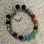 Multicolour Round Stone Beaded Charm Bracelet Silver Tone Heart Dangle Pendant