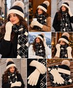 Womens Winter Hat Scarf Gloves Set 3 Piece Knitted Bobble Beanie Black Cream