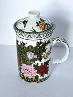 Peacock Peony design Chinese porcelain Tea cup with strainer & Lid c1990