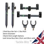 2 Rod Buzz Bars Banks Stick Rod Rest Set 16mm Diameter All Black 3 size options