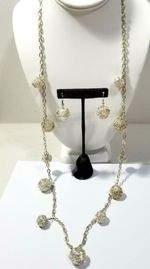 SILVER TONE FRILLY OPEN BALL DANGLE CHARM NECKLACE AND MATCHING PIERCED EARRINGS