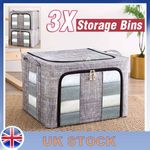3PCS 66L Folding Storage Box Thick Fabric Steel Frame Stackable Closet Organizer