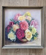 Vintage Oil Painting Still Life Roses Flowers Vase Framed On Canvad Signed