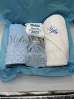 Personalised Baby Gift Set Boys Newborn Baby Blanket,Babygrow ,Towel ,Comforter