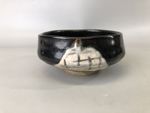 Y7380 CHAWAN Oribe-ware flat bowl signed Japan antique tea ceremony pottery cup