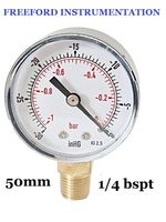 Vacuum Gauge 50mm Dial  1/4" BSPT Bottom 0/-30"Hg & 0/-1 Bar 2.5% Acc.