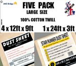 FIVE PACK HEAVY DUTY DECORATORS 100% COTTON TWILL DUST SHEET INCLUDES STAIRCASE