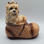 Vintage Brown Ceramic work Boot with Shih Tzu Dog figurine