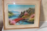 GILT FRAMED JAPANESE 20 + 15CM SILK  EMBROIDERY PAGODA, BRIDGE LANDSCAPE PICTURE