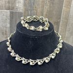 Vintage Kramer Bib Necklace Bracelet Set Faux Pearl Rhinestone Silver Tone 