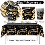 Birthday tablecloth Black and Gold party plate napkins Cups Tableware set - UK