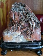 Intricately carved  Chinese Shoushan stone mountain. 5.25", 7" w/ stand