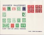 GB Stamps Souvenir Card Goodbye Halfpenny, last day of legal tender, stamps 1969