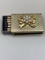 Vintage 1960 s  Brass Matchbox Cover with Faux Pearl and Stone Embellishment