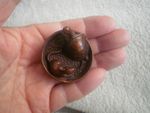 1a. Hand carved wood netsuke mouse & turtle in a bowl boxwood collectable figure