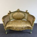 Louis French Two Seater Sofa Gilt Carved Cherub & Rattan Silk Upholstery Rococo