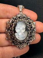 Vintage Cameo Necklace Black Silver Tone 24"