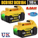 2X For DEWALT DCB184 18V 8.0Ah XR Li-ion Slide Batteries DCB183 DCB182 DCB200 UK