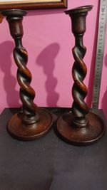 Antique Pair of Barley Twist Oak/Brass 8" Candlesticks Green Baize Base VGC
