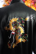 VTG Black Satin Embroidered Yellow Dragon Short Belted Kimono Made in Hong Kong