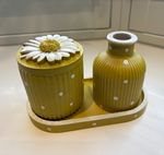 Ceramic Yellow/White Polka Dot Bathroom Accessory Set Soap Dish Canister Vase