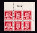 JERSEY ARMS  sg2d CHALKY PAPER  1941 1d SCARLET MARGINAL BLOCK of 6  UM