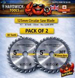 Pack Of 2 - Circular Wood Saw Blade 125mm (5 inch) x 20mm Bore  x 30 Teeth