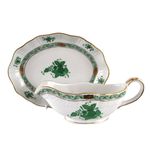 Herend Chinese Bouquet Gravy or Sauce Boat with Stand Green Apponyi 229 + 213AV