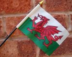 WALES HAND WAVING FLAG small 6" x 4" with 10" pole WELSH DRAGON 6 NATIONS RUGBY