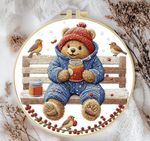 Embroidery Kit Beginners- Bear in the Park with Robins Full Kit 20cm with hoop