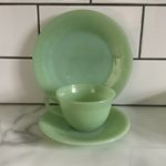 Fire King Jadeite Jane Ray Tea Cup & Side Plate Trio. Vintage Anchor Hocking.