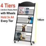 4-Tier Magazine Rack A4 Brochure Literature Display Stand Floor-Standing w/Wheel