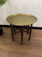 Antique Middle Eastern Folding Round Brass Tray Top Table #2