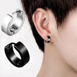 Pair of Men's Unisex Silver Tone Stainless Steel Huggies Hoop Hinged Earrings