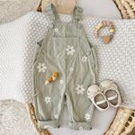 Spring Summer Baby Girls Sweet Pocket Floral Embroidered Corduroy Overalls