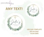 PERSONALISED CHRISTENING GREEN GOLD ROUND PRINTED STICKERS FOR SWEET BAGS