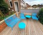 Blue Habitat Metal 5-Piece Patio Furniture Set: Bench, 2 Chairs, 2 Round Tables