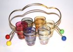 Vintage shot glasses set in metal stand- Stunning retro 1960s pieces.