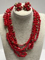 Vintage JONNE Cherry Red Glass Multi Strand Necklace & Matching Earrings 36”