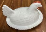 Vintage Indiana Glass Milk Glass Hen on Nest Covered Dish Red Comb Beaded Rim 7"