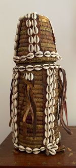 East African Woven milk vessel with Cowrie Shell Trim & Leather Fringe