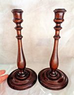 PAIR LARGE GENUINE GEORGIAN TURNED MAHOGANY CANDLESTICKS
