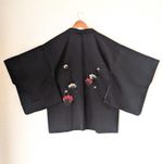 Japanese Vintage Haori Kimono Jacket Silk Black Roses and Stars pattern
