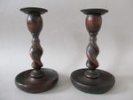 Pair of Antique Oak Wood Barley Twist Candlesticks Candle Holders Metal Sconces