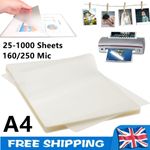 25-1000 A4 Thermal Laminating Pouches Gloss Laminate Sheets 216x303mm 160/250Mic