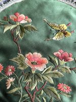 Vintage Chinese Silk Embroidered Panel Roundel Mat Butterfly & Peonies 1970s