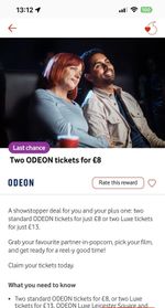 Odeon Cinema Tickets Discount Code for 2 Classic Saver £8 Or 2 Luxe £13
