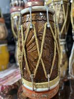 Handcrafted Light Brown Wooden Dholak | Carved Design 